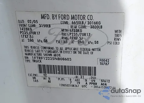 2005 Ford F-150 Stx/Xl/Xlt z USA, uszkodzony, nr VIN 1FTRF12235NB08603